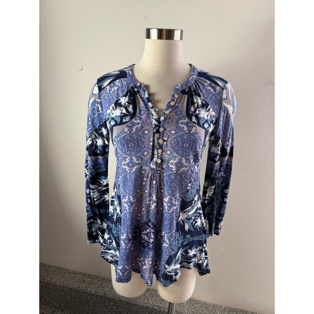 Lucky Brand Womens Small Floral Paisley Cotton Linen Blend Long Sleeve Top Boho
